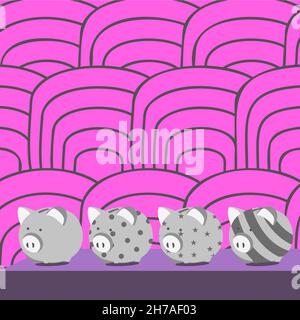 Disegno multiplo di Piggy Bank su tavola con sfondo a strisce. Diffrente Piglet Money Jar Design con Big Note colto sul gap mostrando finanziario Illustrazione Vettoriale