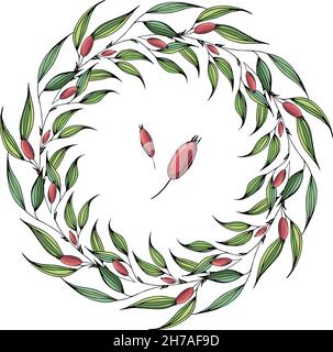 Vettore brillante corona floreale, foglie, bacche, primavera, isolato Illustrazione Vettoriale