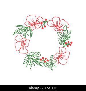 Stile lineare a corona floreale. Isolato su illustrazione vettoriale bianca. Cornice disegnata a mano con fiori, foglie e bacche Illustrazione Vettoriale