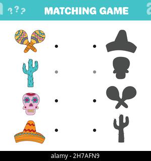 Partita corrispondente. Trova l'ombra corretta degli oggetti del giorno dei morti messicano. Gioco per bambini. Gioco di matematica educativa per bambini. Illustrazione Vettoriale
