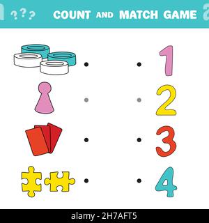 Conta e abbina il gioco. Contare la quantità di elementi di giochi da tavolo e partita con i numeri giusti. Gioco di matematica educativa per bambini. Imparare a contare Illustrazione Vettoriale