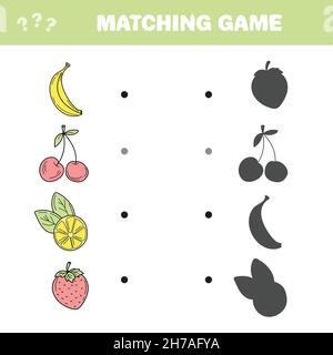 Partita corrispondente. Trova l'ombra corretta di frutti e bacche. Gioco per bambini. Gioco di matematica educativa per bambini. Illustrazione Vettoriale