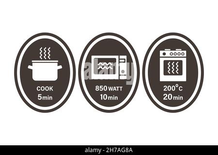 Simboli di istruzioni per la cottura di pentola, forno a microonde e forno. 5,10,20 minuti. Illustrazione vettoriale, modello piatto per imballaggio e istruzioni Illustrazione Vettoriale