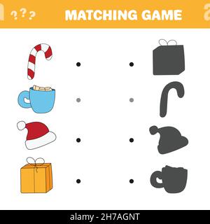 Partita corrispondente. Trova l'ombra corretta degli articoli invernali e natalizi. Gioco per bambini. Gioco di matematica educativa per bambini. Illustrazione vettoriale Illustrazione Vettoriale