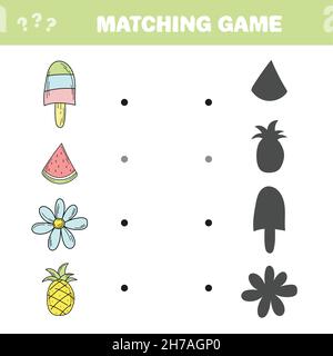 Partita corrispondente. Trova l'ombra corretta degli articoli estivi. Gioco per bambini. Gioco di matematica educativa per bambini. Illustrazione Vettoriale