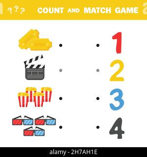 Conta e abbina il gioco. Conta la quantità di oggetti cinematografici e combi con i numeri giusti. Gioco di matematica educativa per bambini. Imparare a contare Illustrazione Vettoriale