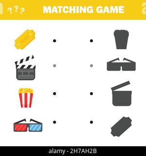 Partita corrispondente. Trova l'ombra corretta degli oggetti cinematografici e cinematografici. Gioco per bambini. Gioco di matematica educativa per bambini. Illustrazione Vettoriale