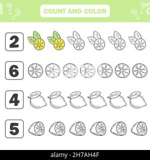 Conteggio e gioco di colori per bambini prescolare - limoni. Foglio di lavoro per lo sviluppo delle abilità matematiche. Libro da colorare per bambini Illustrazione Vettoriale