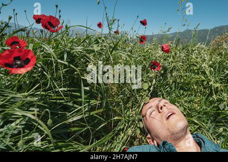 L'uomo dorme profondamente in un campo di piante selvatiche con fiori rossi di papaver somniferum pappie. Queste sono fonti ben note di oppiacei e simboli o Foto Stock