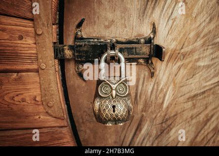 Lucchetto in forma di gufo su una porta di legno. Il concetto di una ricerca e avventure mistiche Foto Stock