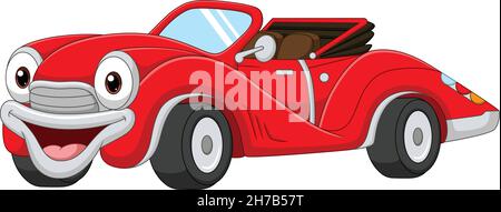 Cartoon sorridente auto rossa mascotte convertibile Illustrazione Vettoriale