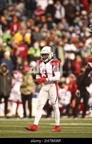 Seattle, Stati Uniti. Seattle, WA, Stati Uniti. 21 Nov 2021. Arizona Cardinals Safety Budda Baker (3) durante una partita tra gli Arizona Cardinals e Seattle Seahawks al Lumen Field di Seattle, Washington. I Cardinali vincono il 23-13. Sean Brown/CSM/Alamy Live News Credit: CAL Sport Media/Alamy Live News Foto Stock