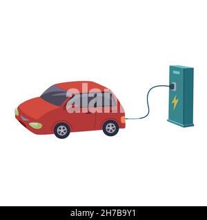 Illustrazione vettoriale di un'auto elettrica rossa in carica presso la stazione di ricarica elettronica su sfondo bianco. Illustrazione Vettoriale