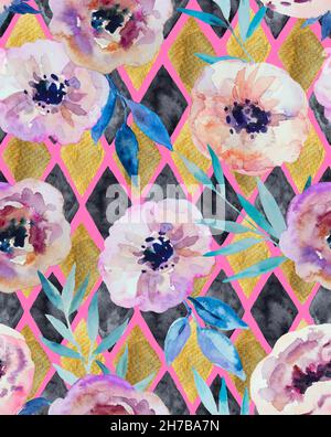 Astratto acquerello modello senza giunture con diamanti dorati e neri e fiori anemone. Stampa disegnata a mano per il design. Foto Stock