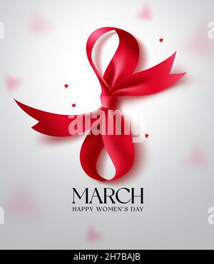 Happy women's day text vettoriale background. 8 marzo in rosso ribbon elementi decorazione per il design internazionale di biglietti d'auguri per la giornata delle donne. Vettore Illustrazione Vettoriale