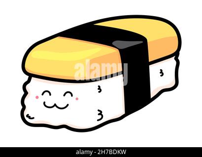 Carino fumetto Tamako sushi all'uovo, personaggio tagliato Tamako o sushi all'uovo dolce, isolato su sfondo bianco Foto Stock
