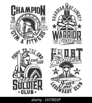 Stampe di spartani, gladiatori e magliette romane. Abbigliamento da palestra, fitness e da combattimento, stampe vettoriali personalizzate con gli antichi guerrieri greci di armo Illustrazione Vettoriale