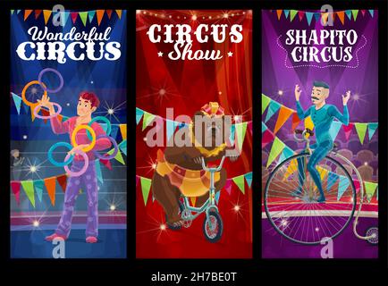 Shapito circus juggler, orso addestrato e acrobat sul carnevale funfair, vettore. Shapito circo mostra banner o poster con giocoliere, acrobat su monociclo Illustrazione Vettoriale