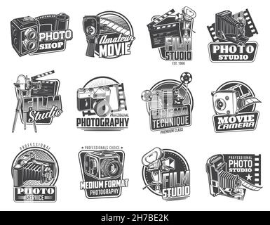 Icone della fotocamera per foto e filmati. Emblemi professionali di foto e video studio, fotografia e cinema negozio di apparecchiature vettoriali retrò badge, icone con vint Illustrazione Vettoriale
