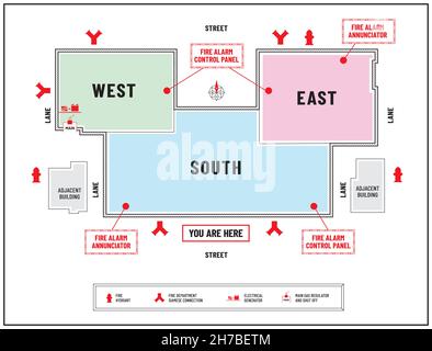 Moderno piano di emergenza antincendio o diagramma di evacuazione di un complesso commerciale o centro commerciale. Posizioni contrassegnate delle apparecchiature antincendio e del generatore Illustrazione Vettoriale