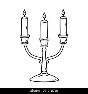 Candelabro con candele accese isolate su sfondo bianco. Illustrazione vettoriale disegnata a mano in stile doodle. Perfetto per i disegni di Natale e di festa, le schede, le decorazioni, il marchio. Illustrazione Vettoriale