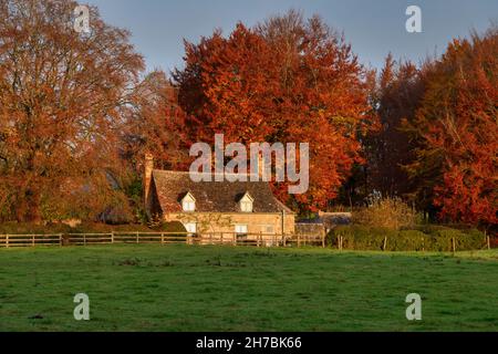 Alba su un cottage cotswold in autunno. Widford, Cotswolds, Oxfordshire, Inghilterra Foto Stock