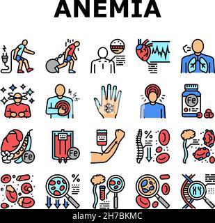 Anemia problemi di salute del paziente icone Imposta vettore Illustrazione Vettoriale