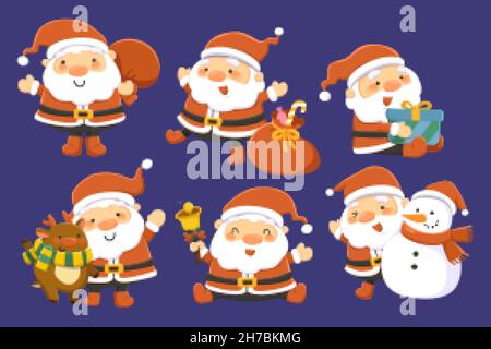 Set di disegno dei personaggi di Babbo Natale. Illustrazione piatta di felice Babbo Natale con diverse posture e oggetti di Natale isolati su sfondo blu scuro Illustrazione Vettoriale