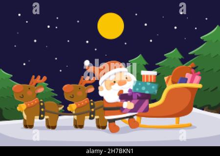 Modello biglietto di auguri di Natale. Illustrazione piatta di Babbo Natale parcheggiare il suo carro renne e andare a inviare la pila regalo sul backgro blu scuro Illustrazione Vettoriale