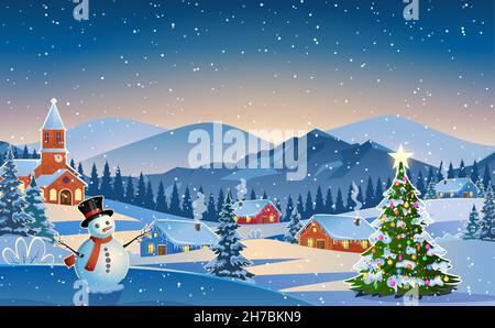 Inverno neve paesaggio e case Illustrazione Vettoriale