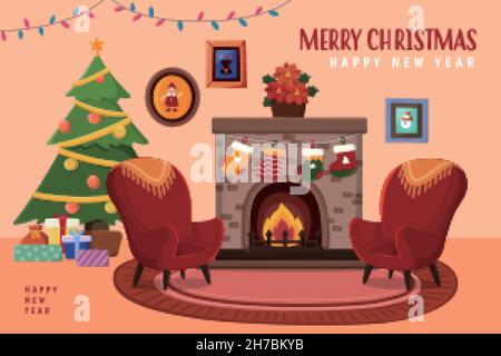 Biglietto di auguri per Natale e Capodanno. Illustrazione piatta del soggiorno splendidamente decorato per Natale invernale Illustrazione Vettoriale