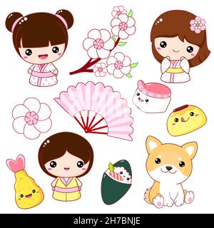 Set di icone carine in stile kawaii. Bambola giapponese kokeshi giocattolo tradizionale in kimono, cucciolo Akita Inu, fiori sakura, tempura, fan. Illustrazione vettoriale Illustrazione Vettoriale