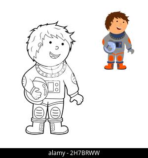 libro da colorare, colorare un'illustrazione cartoon di un astronauta nello spazio, vettore isolato su uno sfondo bianco. Illustrazione Vettoriale
