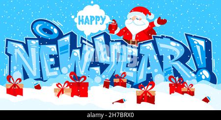 Astratto Banner felice anno nuovo con Babbo Natale in stile Graffiti Font Lettering Vector Illustration Art Illustrazione Vettoriale