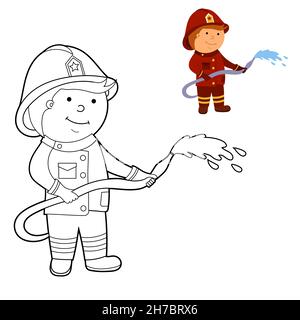 libro da colorare, colorarlo secondo il modello. illustrazione di un vigile del fuoco, vettore isolato su sfondo bianco. Illustrazione Vettoriale