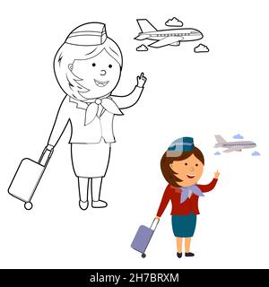 libro da colorare. colore per modello, illustrazione cartoon di un assistente di volo e di un aeroplano, vettore isolato su uno sfondo bianco Illustrazione Vettoriale