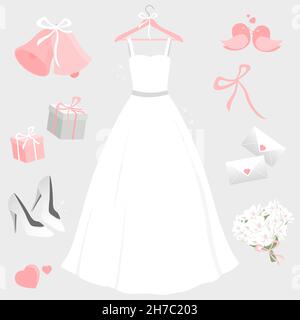 Bel vestito sposa e oggetti di matrimonio set. Foto Stock