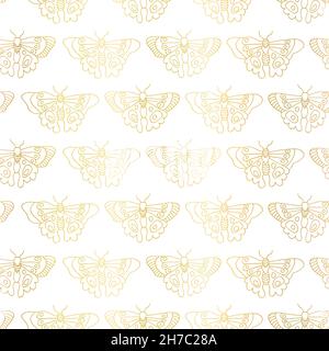 Golden Butterflies effetto lamina metallica oro con motivo vettoriale senza cuciture. Butterfly background line ART farfalle su bianco. Elegante design disegnato a mano Illustrazione Vettoriale