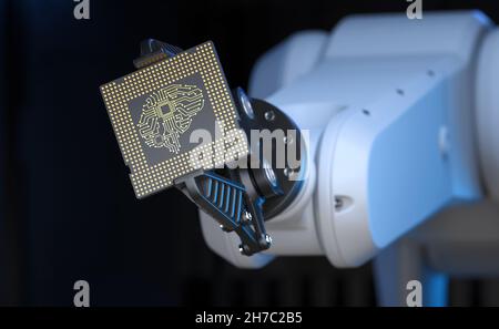 Braccio robotico ad alta tecnologia che tiene un'unità processore per computer con intelligenza artificiale nella sua impugnatura. illustrazione 3d Foto Stock