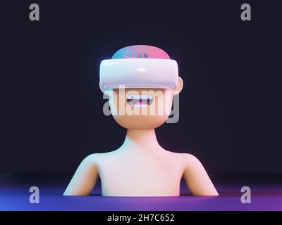 Rendering 3D di Cartoon MAN con occhiali VR. Console di gioco I. realtà virtuale. Il nuovo concetto di tecnologia del futuro. Foto Stock