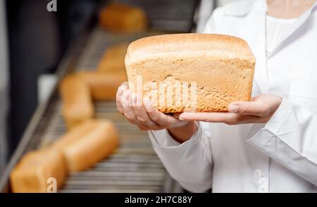 Banner fabbrica di panetteria, donna panettiere che tiene il pane fresco in mani su sfondo trasportatore automatico di cibo. Foto Stock