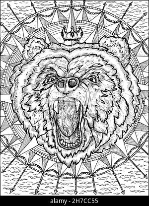 Illustrazione in bianco e nero dell'emblema con testa dell'orso sullo sfondo della bussola e del mare Illustrazione Vettoriale