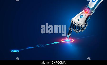 Il braccio meccanico del robot o la mano preme il dito indice sul pulsante un'interfaccia olografica virtuale HUD sul touch screen. Intelligenza artificiale Illustrazione Vettoriale