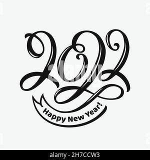 2022 caratteri. Biglietto di auguri per l'anno nuovo felice. Figure scritte a mano nere isolate su sfondo bianco. Disegno tipografico vettoriale. Illustrazione Vettoriale