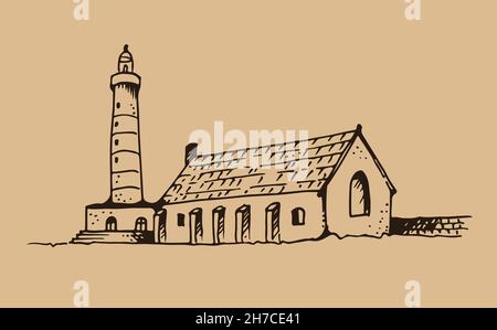 Faro vettoriale, illustrazione del faro disegnato a mano isolato su sfondo beige Illustrazione Vettoriale