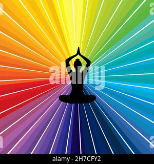 Praticante di yoga in posa di loto meditando su un sunburst in chakra colori Illustrazione Vettoriale