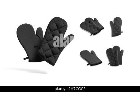 Simulazione di mitt nero in forno vuoto, viste diverse, rendering 3d. Hot pad o gantlet vuoti in neoprene per la cottura di mockup, isolati. Cotone protettivo trasparente Foto Stock
