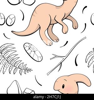Modello senza cuciture con simpatico dinosauro. Parasaurolofo in stile kawaii. Vettore Illustrazione Vettoriale