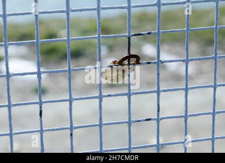 Vecchia serratura appesa su un traliccio di metallo blu Foto Stock