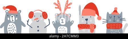 Set di carino bambini animali di natale orso, snowman carino coniglio e gatto. Vector illustrazione inverno bambino per t-shirt asilo nido, abbigliamento bambini, invito Illustrazione Vettoriale